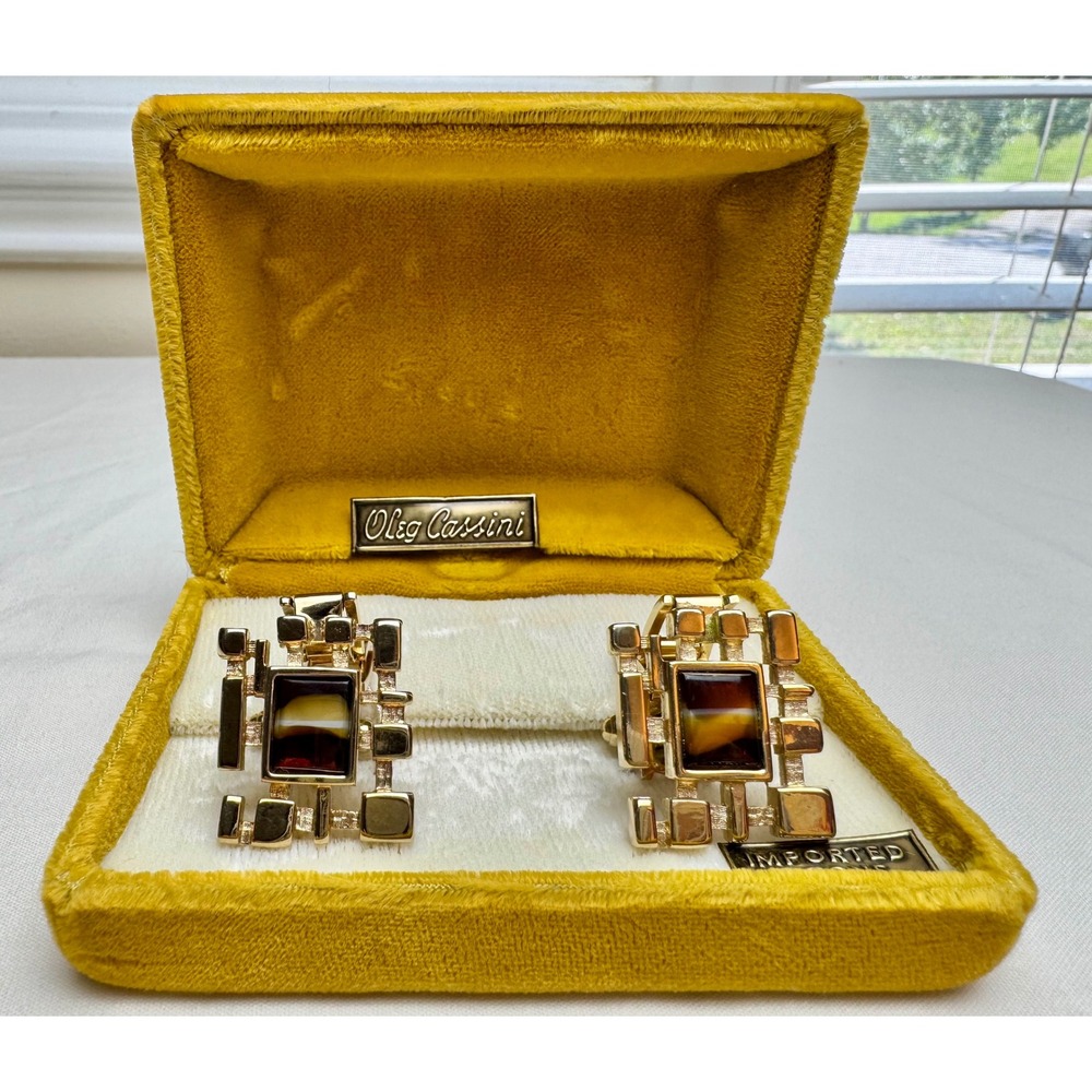 Vintage Hickok Brutalist Gold Tone Tiger Eye Look Cufflinks Oleg Cassini Box